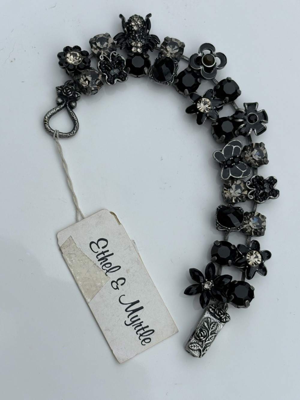 Ethel & Myrtle Rare Vintage Black Floral and Butterfly Crystal Statement Bracele